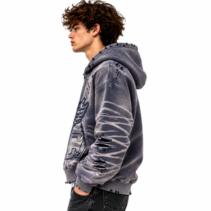 เสื้อฮู้ดซิปผู้ชายสีเทาแบบวินเทจลายกราฟิกสไตล์สตรีทแวร์ - Product Image 2