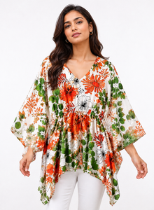 Boho Floral Print <b>Kaftan</b> Tunic Top Women Summer V Neck Adjustable Drawstring Waist Loose Fit <b>Beach</b> Cover Up Short Robe - Product Image 5