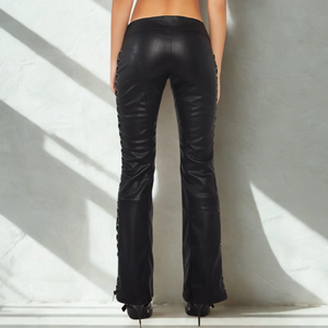 FAZMAX <b>Black</b> <b>Lace</b> Genuine Leather Pants High Waist Gothic Formal Straight Fit Full Length Breathable Eco-Friendly Anti-Wrinkle - Product Image 4