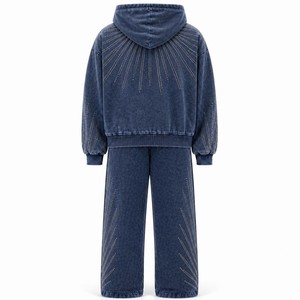 <b>Women</b> Navy Blue Washed Hoodie <b>Jogger</b> Set Rhinestone Detail Two Piece Tracksuit Casual Sportswear Streetwear Matching Outfit Chic - Product Image 3