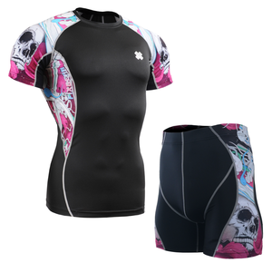 Unisex Compression Rash Guard Set Full Sleeve <b>Top</b> Shorts Sublimation Print Quick Dry Spandex Polyester <b>Skull</b> Design Eco-Friendly - Product Image 6