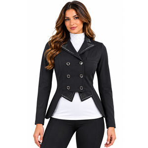Veste d'équitation pour femme noire à double boutonnage, ornée de strass, vêtement de concours sur mesure pour les concours hippiques - Product Image 1