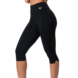 Women's Black Thin Knitted High Waist Capri Yoga Leggings Solid Logo Seamless Stretch Workout Gym Pants <b>Tummy</b> <b>Control</b> Activewear - Product Image 2
