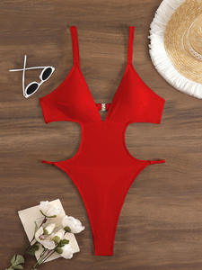 Maillot de bain une pièce sexy pour femme 2026, col en V, dos nu, couleur unie, monokini à bretelles, tenue de plage estivale, logo personnalisé - Product Image 4