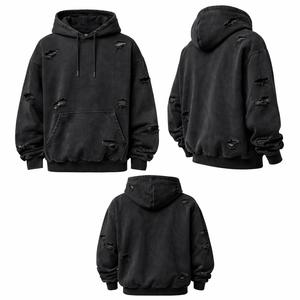 Sweat à capuche personnalisé pour homme, noir, 100% coton, surdimensionné, effet vieilli, brodé, épais, lavé, style streetwear, OEM ODM - Product Image 3