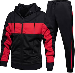 <b>Men's</b> Black Red Color Blocking Hooded Tracksuit Full Zip <b>Jacket</b> Matching Pants Casual Sportswear Winter Breathable Reversible - Product Image 2