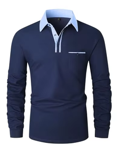 Custom <b>Men</b> <b>Long</b> <b>Sleeve</b> <b>Polo</b> <b>Shirt</b> Wholesale Dark Navy Blue Contrast Collar Casual Lapel Golf <b>Shirt</b> OEM Manufacturer - Product Image 1