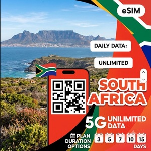 Tarjeta SIM Electrónica (eSIM) con Datos Ilimitados para Sudáfrica, Plan de Internet para Viajes 4G/5G de 3/5/7/10/15 Días, Código QR, Entrega Instantánea por Correo Electrónico - Product Image 1