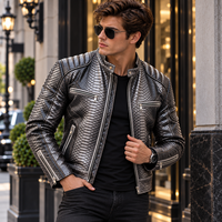 Veste de motard en cuir de vache véritable à col montant respirant pour homme, noir et gris, avec motif serpent, style streetwear, pour l'hiver