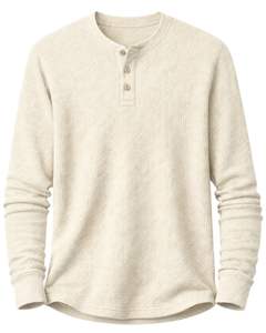 เสื้อยืดแขนยาวทรงเฮนลีย์ผ้าวาฟเฟิลสำหรับผู้ชาย สีงาช้าง สวมใส่สบาย คอติดกระดุม เหมาะสำหรับฤดูหนาว ผ้าฝ้ายทรงเข้ารูป ระบายอากาศได้ดี - Product Image 2