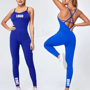 Combinaison une pièce pour femme, couleur unie bleue, dos croisé, dos nu, extensible, en spandex et polyester, tricotée sans couture - Product Image 1