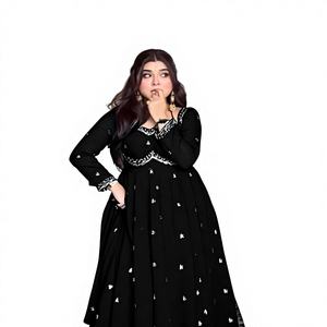 Ensemble de robe Anarkali Salwar Kameez indien haut de gamme, entièrement cousu, pantalon extensible, bordure en dentelle, dupatta, broderie de paillettes de designer - Product Image 1