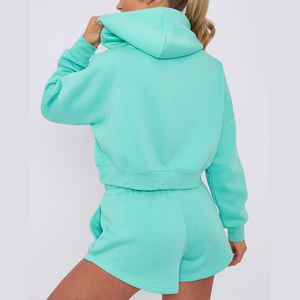 Ensemble de survêtement pour femmes de haute qualité, haut court, taille plus, manches longues, sweat à capuche, short, logo personnalisé, 100% coton molletonné - Product Image 4