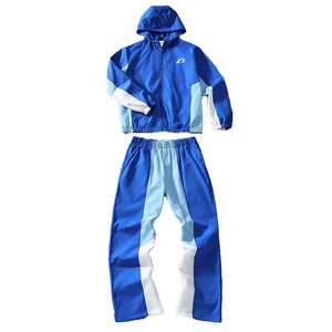 Survêtement unisexe bleu uni à blocs de couleur, à capuche, manches longues, pantalon décontracté sportif avec cordon de serrage, respirant, 100 % coton épais - Product Image 1