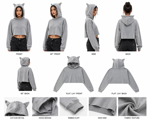 Women Autumn Printed Grey Cropped Hoodie Cute <b>Ear</b> Detail Sweatshirt Breathable Lined Soft Cotton Pullover Short Length - Product Image 6