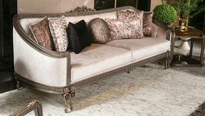 Modern Luxury Solid Teak Wood Sofa Set Classical 7 Seater Carved Velvet Couch <b>Silver</b> <b>Coffee</b> Side <b>Table</b> Living Room Villa Furnitu - Product Image 2