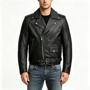 Custom Logo Embroidered Vintage Men Black Genuine Cowhide <b>Leather</b> Motorcycle <b>Jacket</b> Classic <b>Retro</b> Durable Asymmetrical Belt - Product Image 6