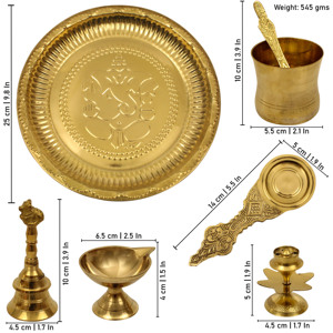 Ensemble de thali de prière Ganesha en laiton avec cloche, Diya, Panchapatra, cuillère et accessoires de Puja traditionnels pour le temple domestique - Product Image 2