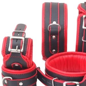 <b>Black</b> Sheep Red & <b>Black</b> Leather Bondage Set with <b>Harness</b> Wrist/Ankle Cuffs & Spreader Bars-100% Waterproof for Couples BDSM Play - Product Image 2