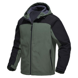 Men's Green Black Color Blocking <b>soft</b> <b>shell</b> <b>Jacket</b> <b>Hooded</b> Zipper Closure Windproof Casual Autumn Wear - Product Image 1