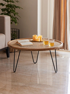 Modern Round Rattan Coffee <b>Table</b> With Iron Hairpin Legs Living Room Furniture Midcentury Design Handmade - Product Image 1