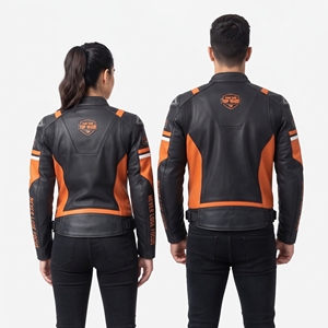 Blouson de moto unisexe en cuir à manches longues orange et noir, coupe-vent toutes saisons, veste de course, manteau de motard unisexe - Product Image 2