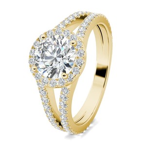 14K Yellow Gold 1.20CT Round Lab Grown Diamond <b>Split</b> Shank Halo Pave Engagement <b>Ring</b> for Women - Product Image 5