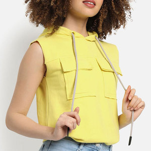 Gilet sans manches à capuche jaune pour femme avec poches, en coton tricoté, décontracté, pour l'été - Product Image 4
