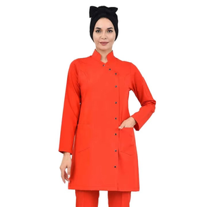 Ensemble de blouses médicales roses pour femmes, manches longues, uniforme d'hôpital, tissu tissé coton-polyester, avec pantalon, ensemble de blouses médicales tendance - Product Image 4