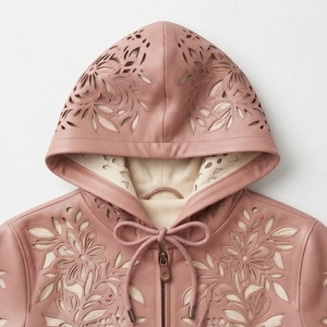 Pink Embossed Floral Hooded PU Leather <b>Jacket</b> With Zipper Closure Casual Unisex Style Autumn Wear - Product Image 5