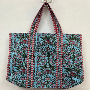 Sac fourre-tout matelassé en coton bleu ciel à imprimé floral, grande capacité, pliable, avec longues poignées d'épaule, réutilisable, pour femme - Product Image 1