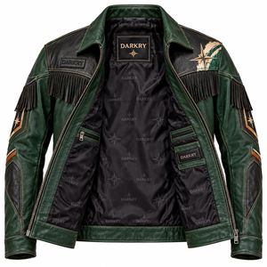 Veste en cuir à franges avec motif Bull Rider pour homme, en cuir de vachette vert foncé personnalisé, style western vintage, veste de motard, fournisseur direct d'usine - Product Image 5