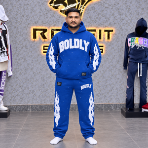 Survêtement bleu pour homme avec appliqué, sweat à capuche personnalisé avec lettres, pantalon de jogging en molleton de coton épais avec strass, étiquette personnalisée OEM - Product Image 1