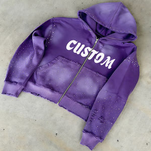 Sweat à capuche zippé violet personnalisable pour homme WASHED avec détails en strass, bords usés, style streetwear, coupe oversize, épais - Product Image 1