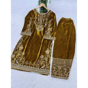 Beau tissu de broderie haut-bas ensemble pour les fêtes Zari broderie travail - Product Image 2