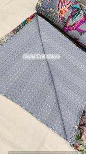 Handmade <b>Indian</b> Floral Printed Kantha <b>Quilt</b> Organic Cotton Traditional Home Decor All Season Green White Pattern - Product Image 6