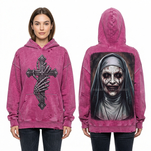 Sweat à capuche rose délavé premium pour femme, motif Evil Nun, sweat-shirt gothique vieilli personnalisé, pull imprimé religieux d'horreur - Product Image 1