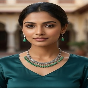DIVYORO Women's Cascading Green Drop Oxidized <b>Choker</b> Necklace with Adjustable Length for Party Occasions - Product Image 4