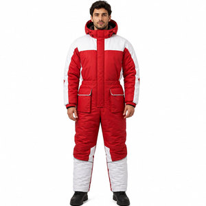 Combinaison de neige unisexe rouge et blanc avec blocs de couleur, à capuche, longue, imperméable, pour l'hiver, avec poches latérales, style sportif - Product Image 4