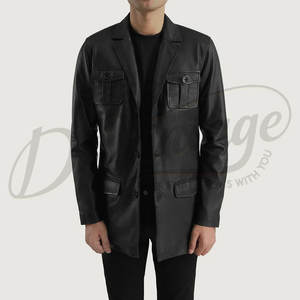 พรีเมี่ยม เสื้อแจ็คเก็ตหนังสีดำสำหรับผู้ชาย ทรงสลิมฟิต หนังแกะแท้ มีกระเป๋าหลายช่อง เสื้อโค้ทลำลองสำหรับธุรกิจ เสื้อคลุมด้านนอกสุดหรู - Product Image 1