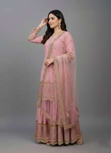 Traje Sharara de Diseñador para Mujer con Bordado de Lentejuelas, Top con Botones Potli y Dupatta de Tela de Red, para Bodas y Celebraciones - Product Image 2