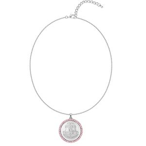 Silver Round Medallion Pendant <b>Necklace</b> with Pink Crystal Halo Fine Chain Elegant <b>Statement</b> Jewelry for Women Fashion Party - Product Image 1