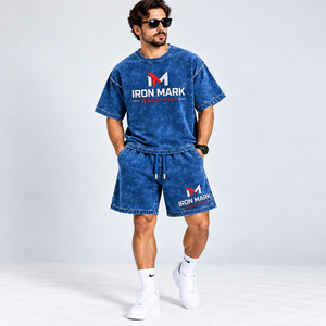 Ensemble T-shirt et short pour homme Iron Mark Industries, col en V, logo imprimé en sérigraphie, bleu, streetwear d'été, coton respirant tricoté - Product Image 2