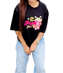T-shirt décontracté pour femme en coton tricoté 100 % premium, coupe ample, manches mi-longues, col rond, avec logo personnalisé, épaules tombantes, respirant et séchage rapide - Product Image 2