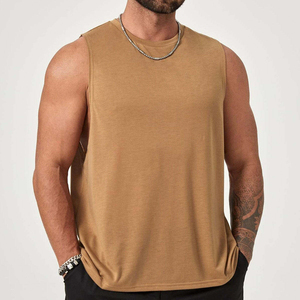 OEM High Quality Blank Brown Muscle Tee Men Custom <b>Logo</b> Heavyweight Cotton Spandex Workout Singlet Wholesale Casual Gym Vest - Product Image 3