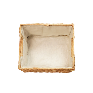 Panier de rangement carré en jacinthe d'eau naturelle tressé à la main, écologique, avec doublure en tissu et poignées intégrées pour l'organisation des étagères - Product Image 4
