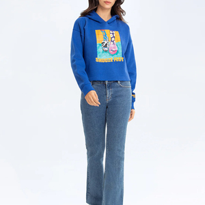 Sudadera con Capucha Azul para Mujer, de Algodón, Oversize, Hombros Caídos, Corta, Informal, Estilo Urbano, para Otoño e Invierno - Product Image 3
