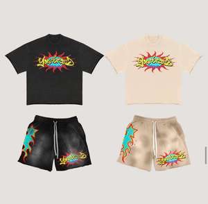 Conjunto de Dos Piezas Vintage con Lavado Ácido para Hombre, Estilo Urbano, Estampado Digital, Nylon/Algodón, Ecológico, Camisetas de Corte Regular con Parches, Camiseta Cruda - Product Image 1