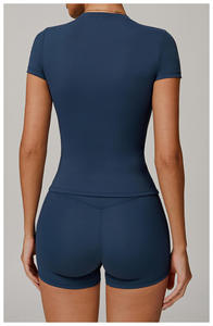 Haut de yoga à col montant pour femme, respirant, uni, séchage rapide, t-shirt de sport, logo personnalisé, manches courtes, chemises ajustées, OEM - Product Image 6