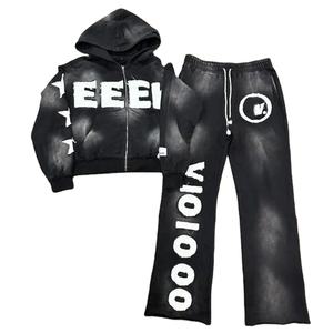 Personalizado Sun Fad Bordar Distress Chándal Jogger Pantalones de chándal y cremallera Sudadera con capucha Sun Fade Chándal Jogger Set Hombres - Product Image 1